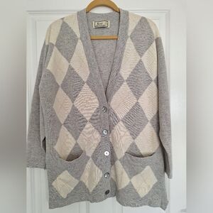 VTG HARRODS Made In Scotland Ivory Lambs Wool Cardigan Sweater Size 42/M,L